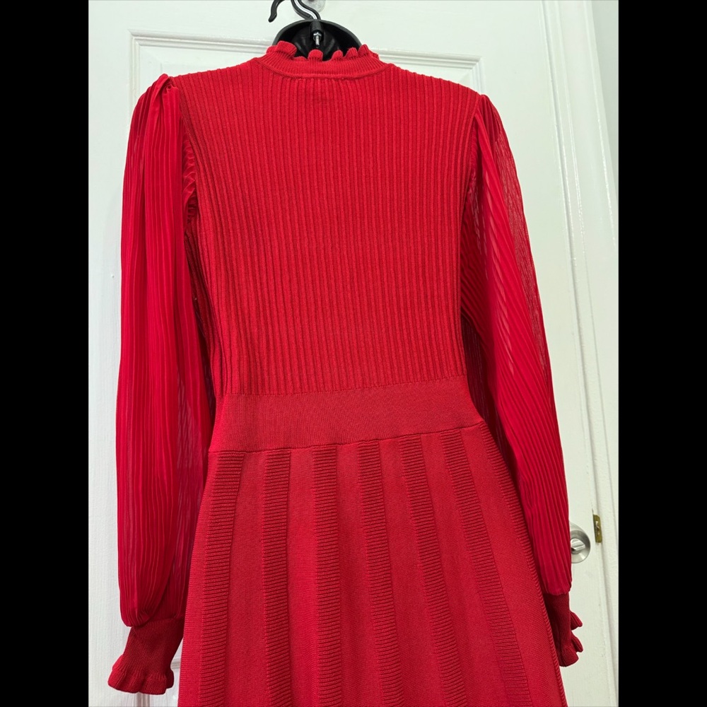 Nanette Lepore Red Ribbed A-Line Dress with Bishop Sleeves - Picture 6 of 6